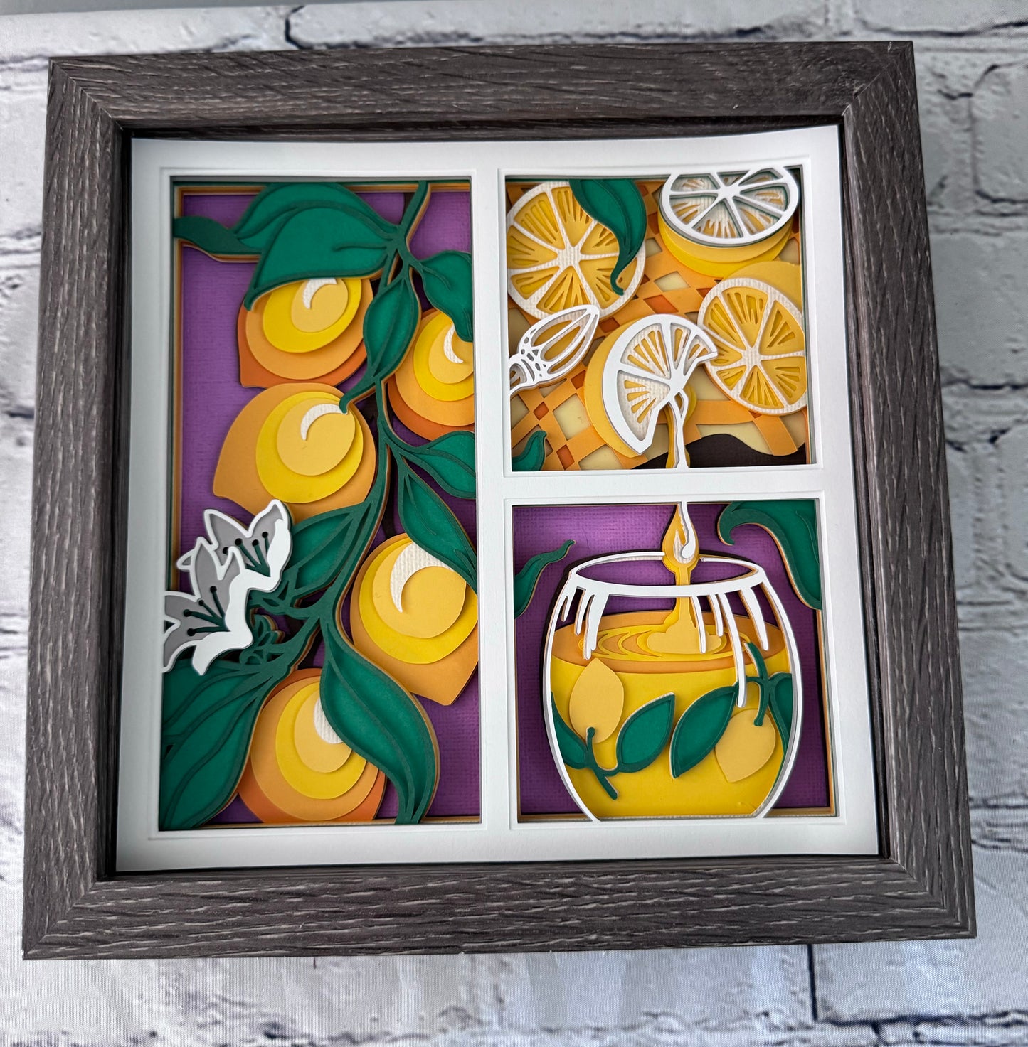 Lemon three panel design 3D paper art in a shadowbox