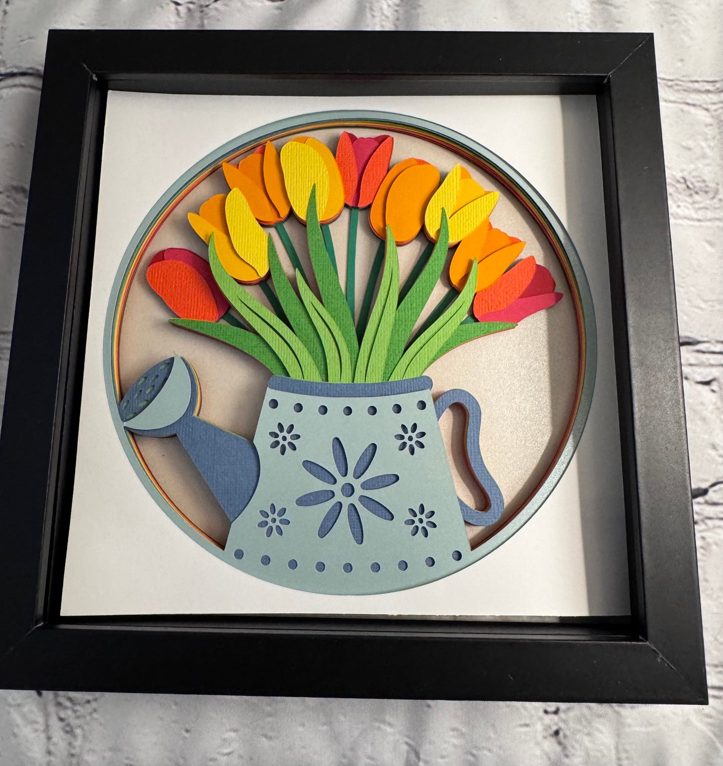 Tulips in a watering can 3D paper art in a shadowbox