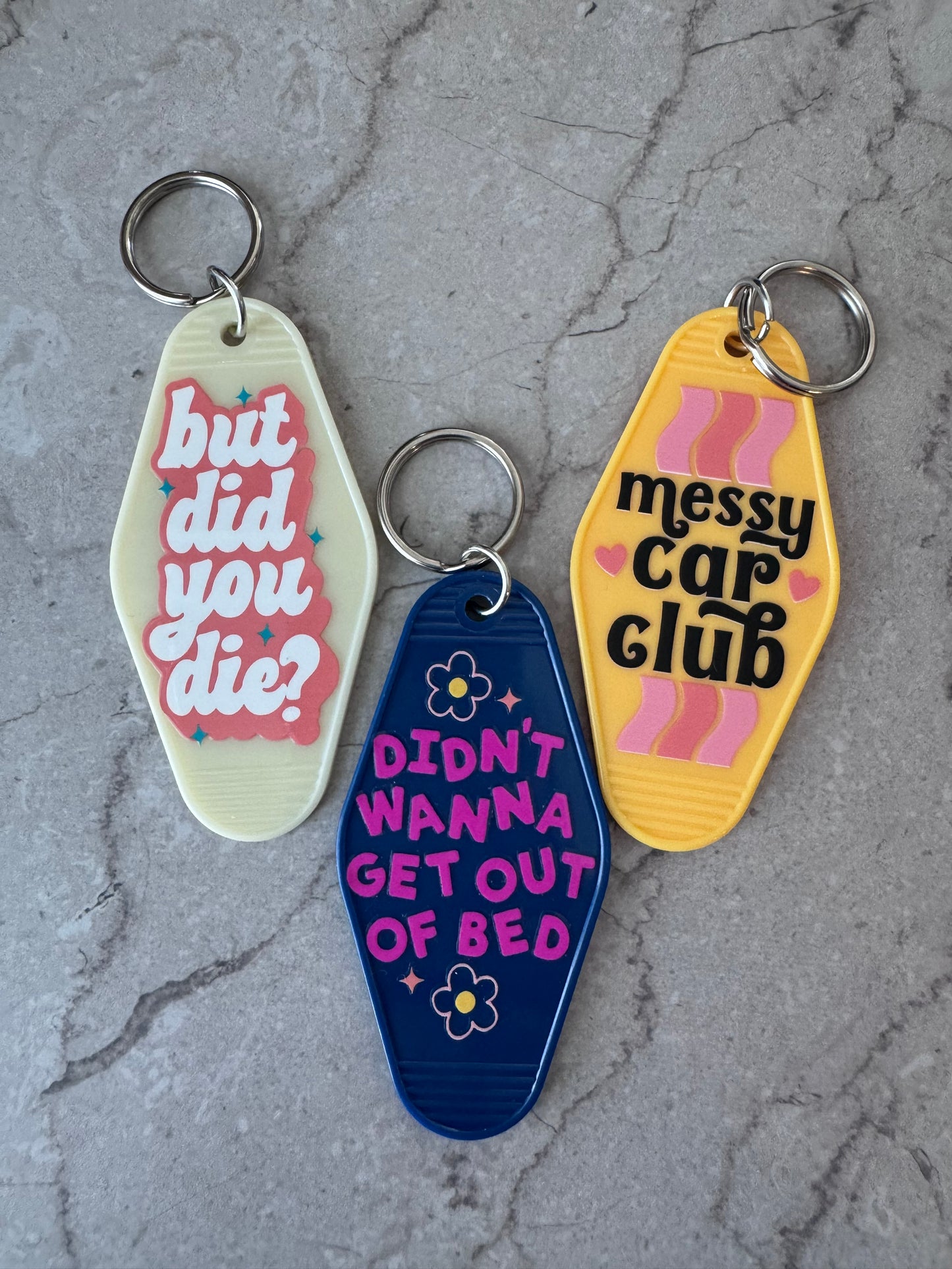 Messy car club retro motel keychain