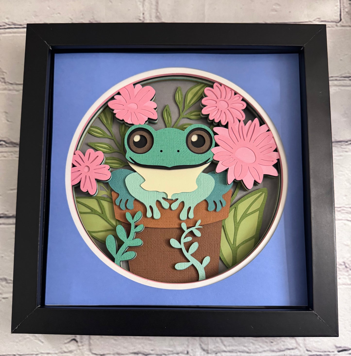 Frog in a flower pot 3D paper art in a shadowbox