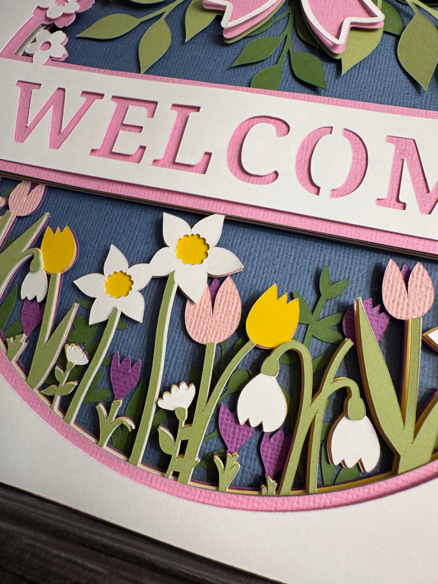 Spring welcome with flowers 3D paper art in a shadowbox
