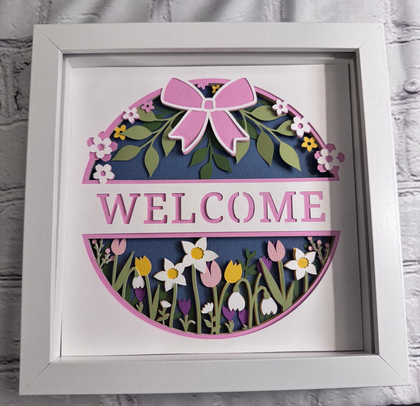 Spring welcome with flowers 3D paper art in a shadowbox