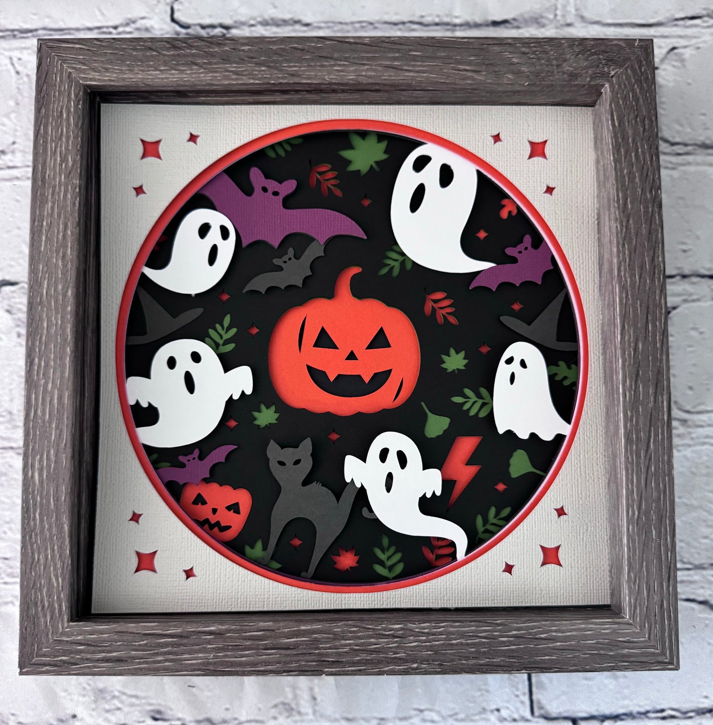 Pumpkin, ghost and bats design 3D paper art in a shadowbox