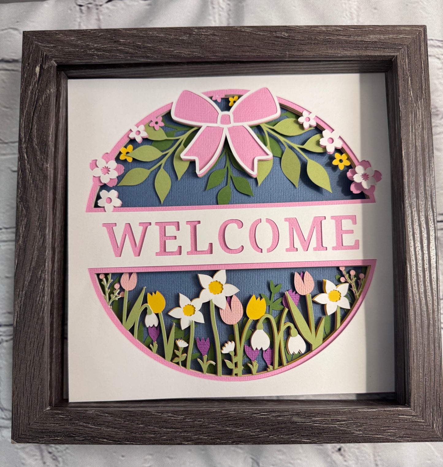 Spring welcome with flowers 3D paper art in a shadowbox