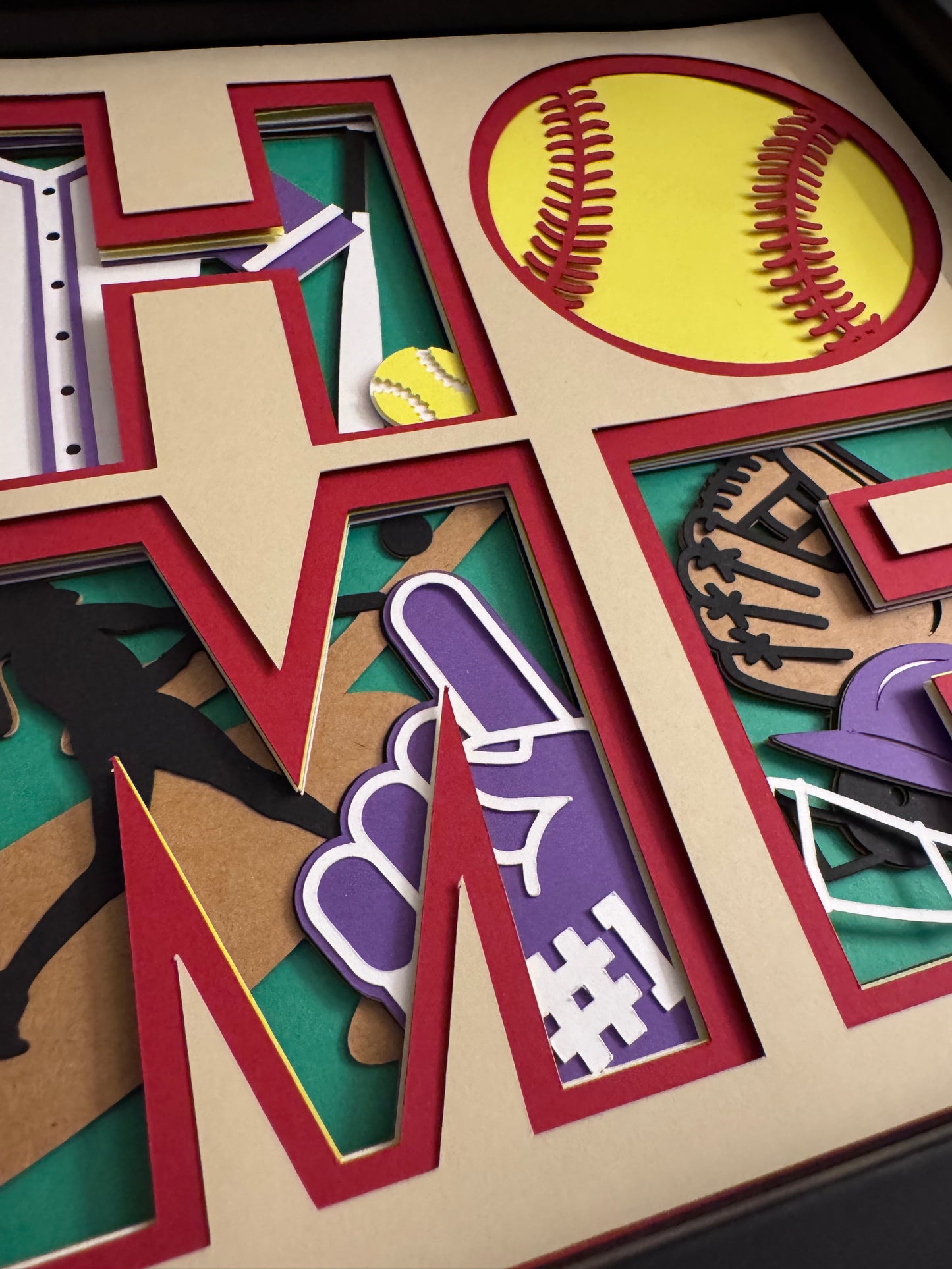 Home- Softball 3D paper art in a shadowbox