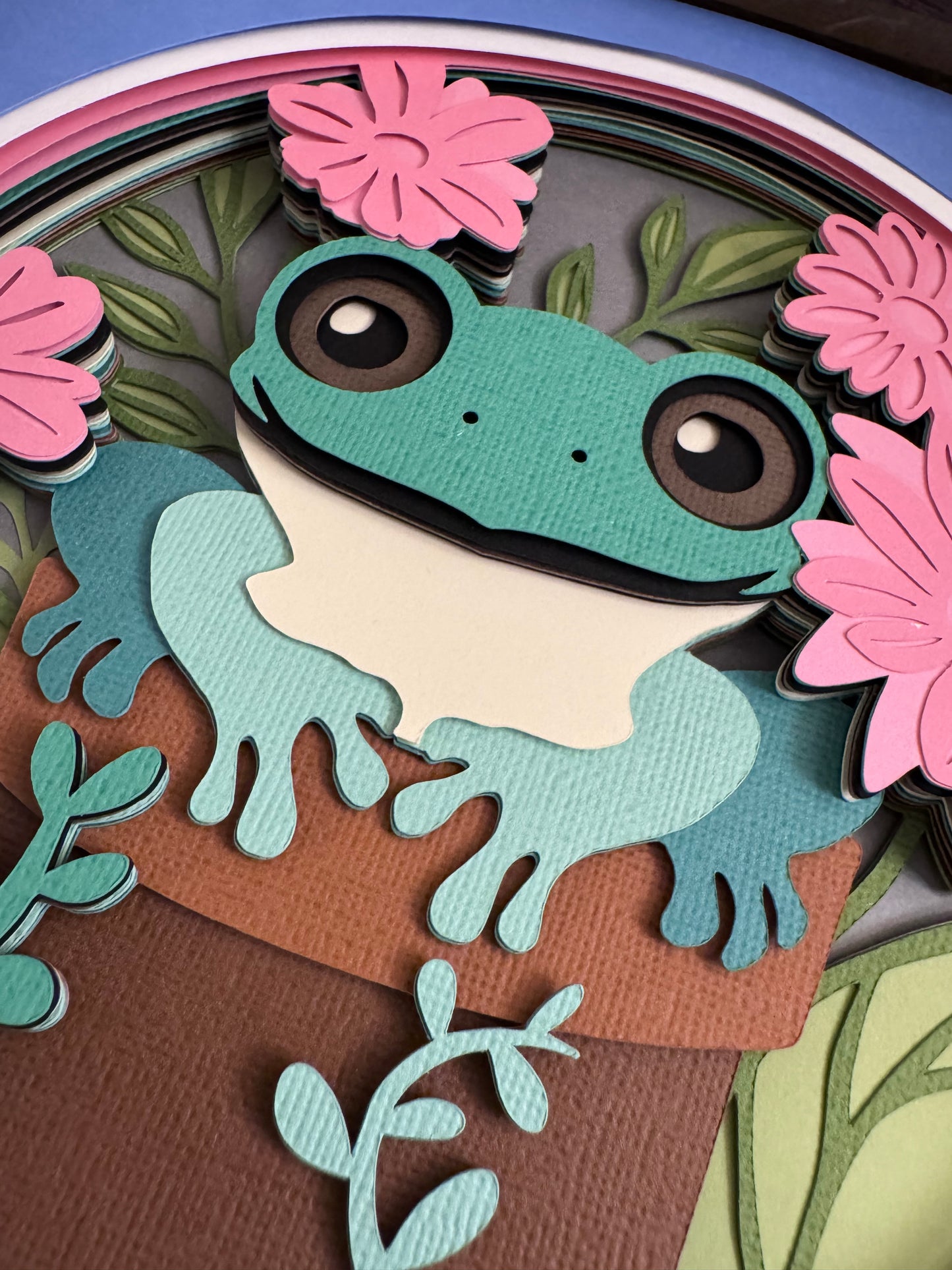 Frog in a flower pot 3D paper art in a shadowbox