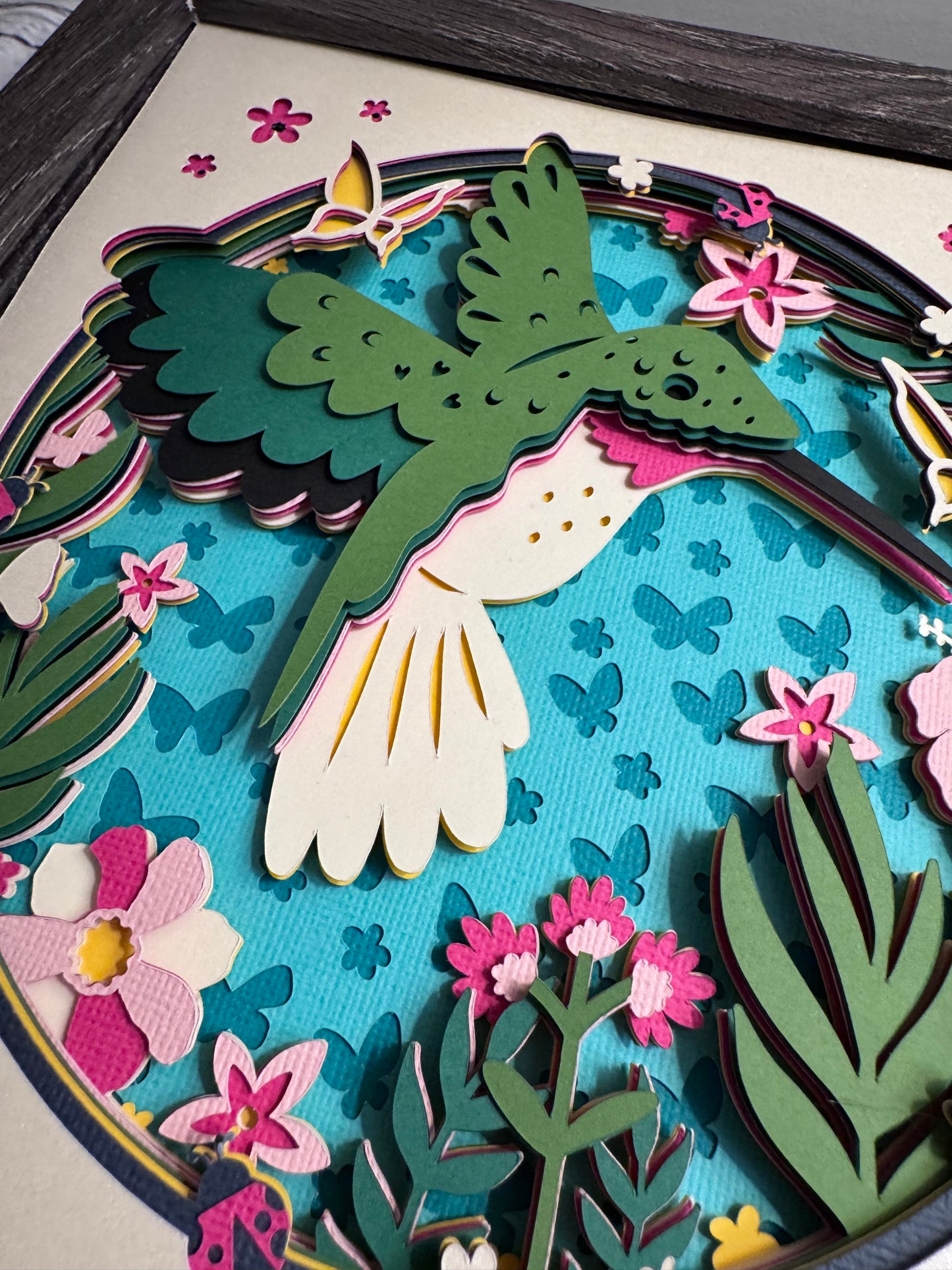 Floral hummingbird 3D paper art in a shadowbox