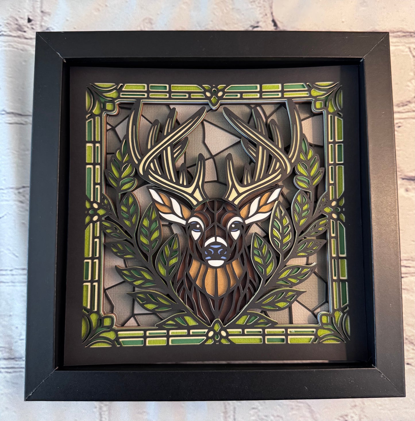 Stained glass buck 3D paper art in a shadowbox