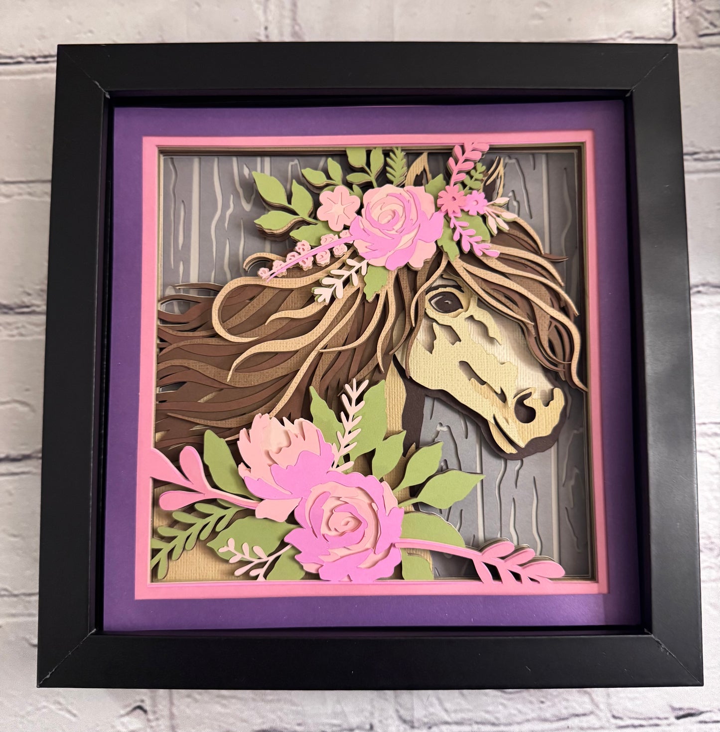 Horse with flowers 3D paper art in a shadowbox