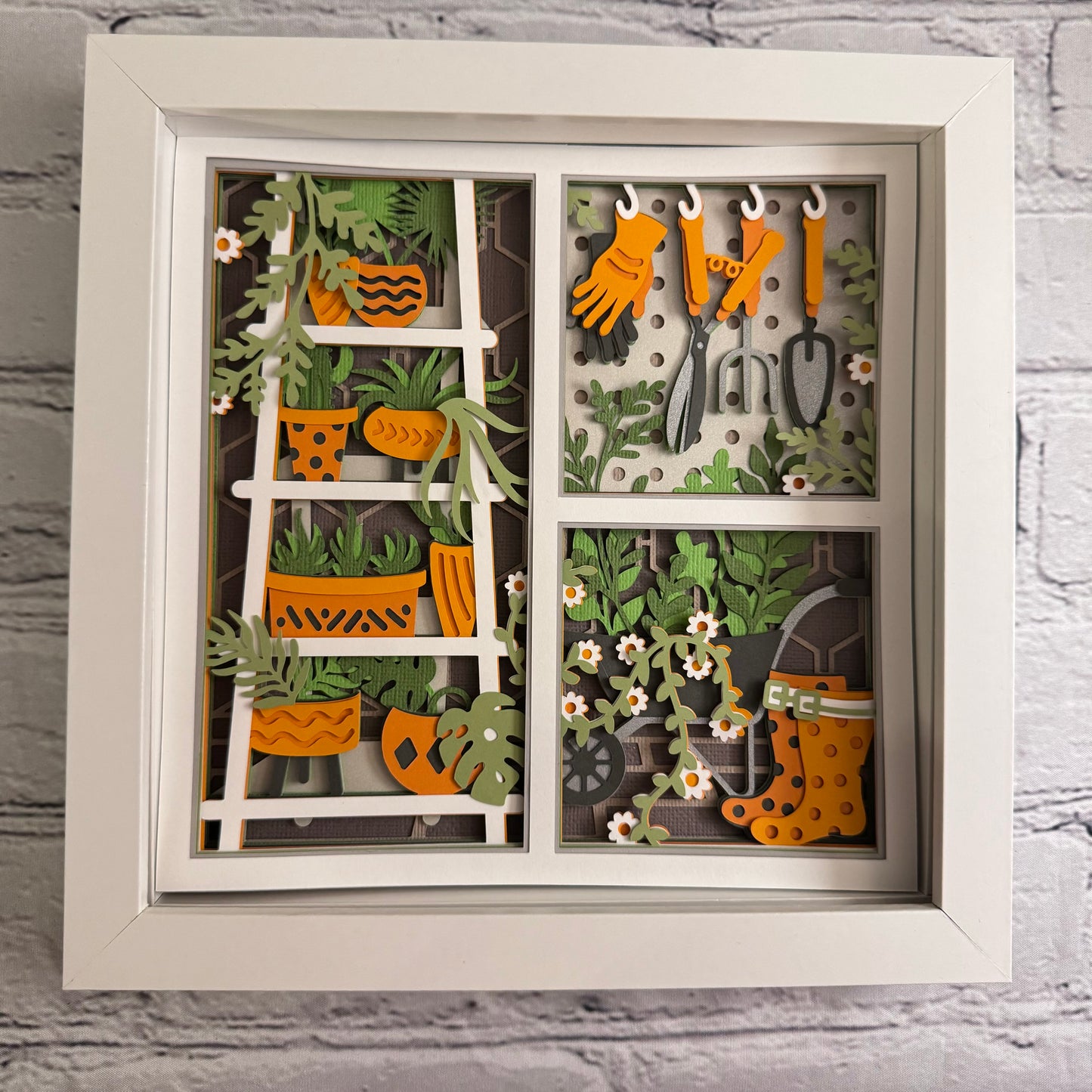 Gardening scene three panel 3D paper art in a shadowbox