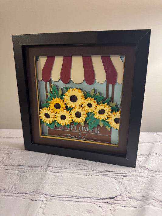 Sunflower stand 3D paper art in a shadowbox