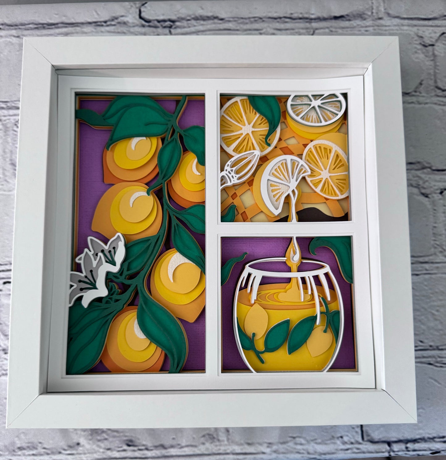 Lemon three panel design 3D paper art in a shadowbox