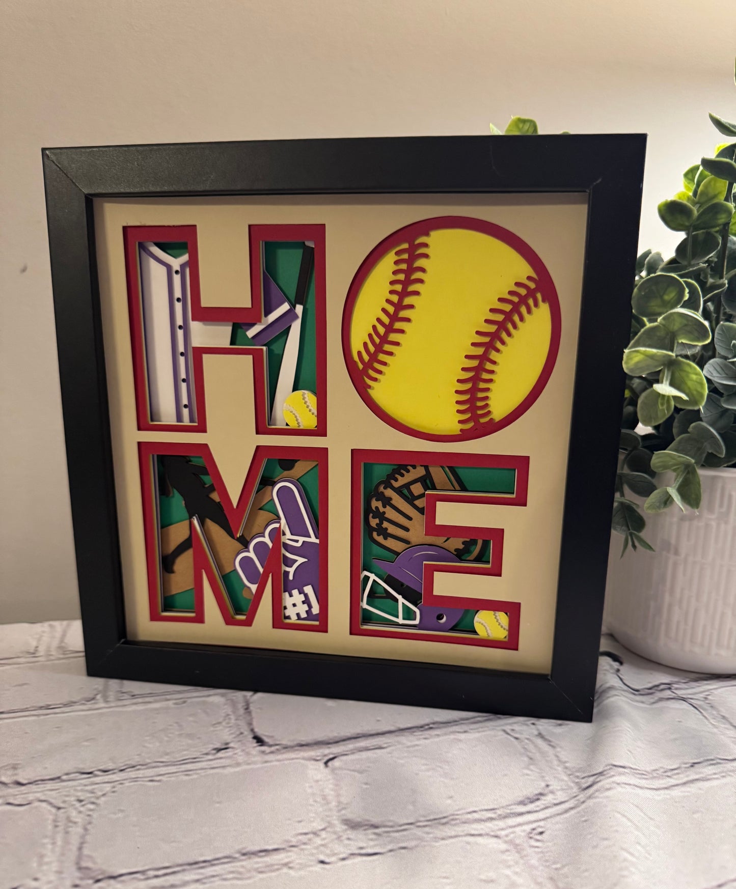 Home- Softball 3D paper art in a shadowbox