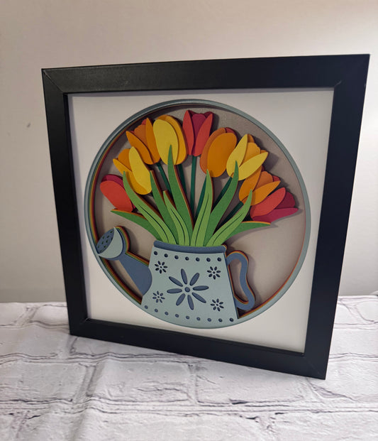 Tulips in a watering can 3D paper art in a shadowbox