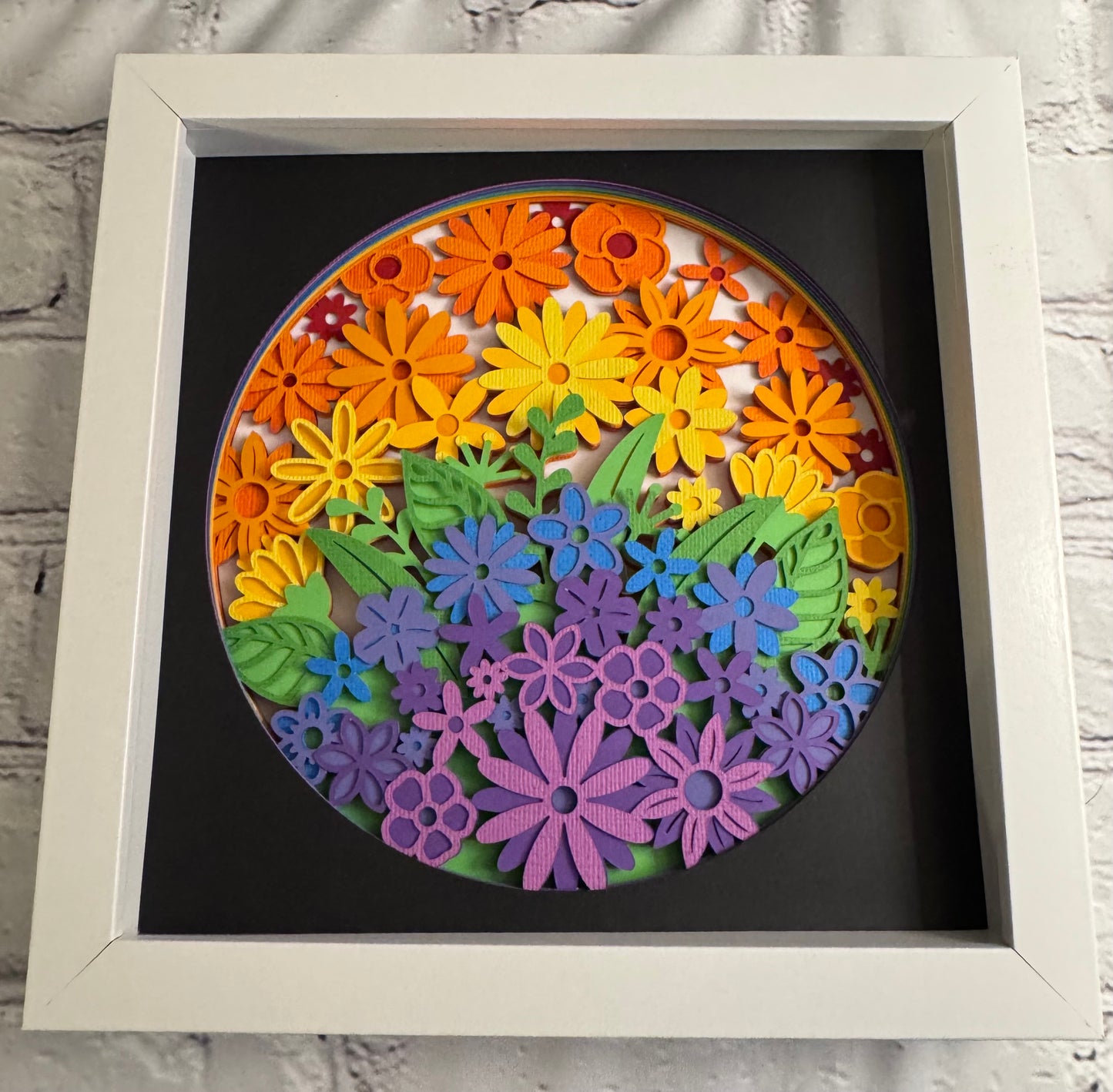 Rainbow flowers 3D paper art in a shadowbox