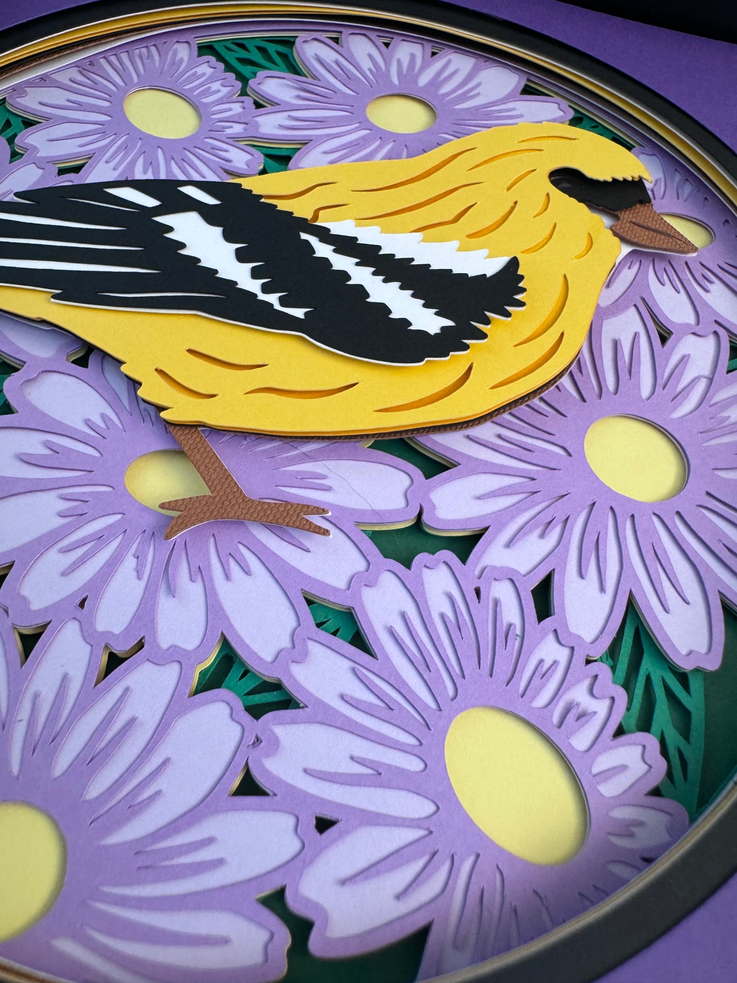 Goldfinch on purple flowers 3D paper art in a shadowbox