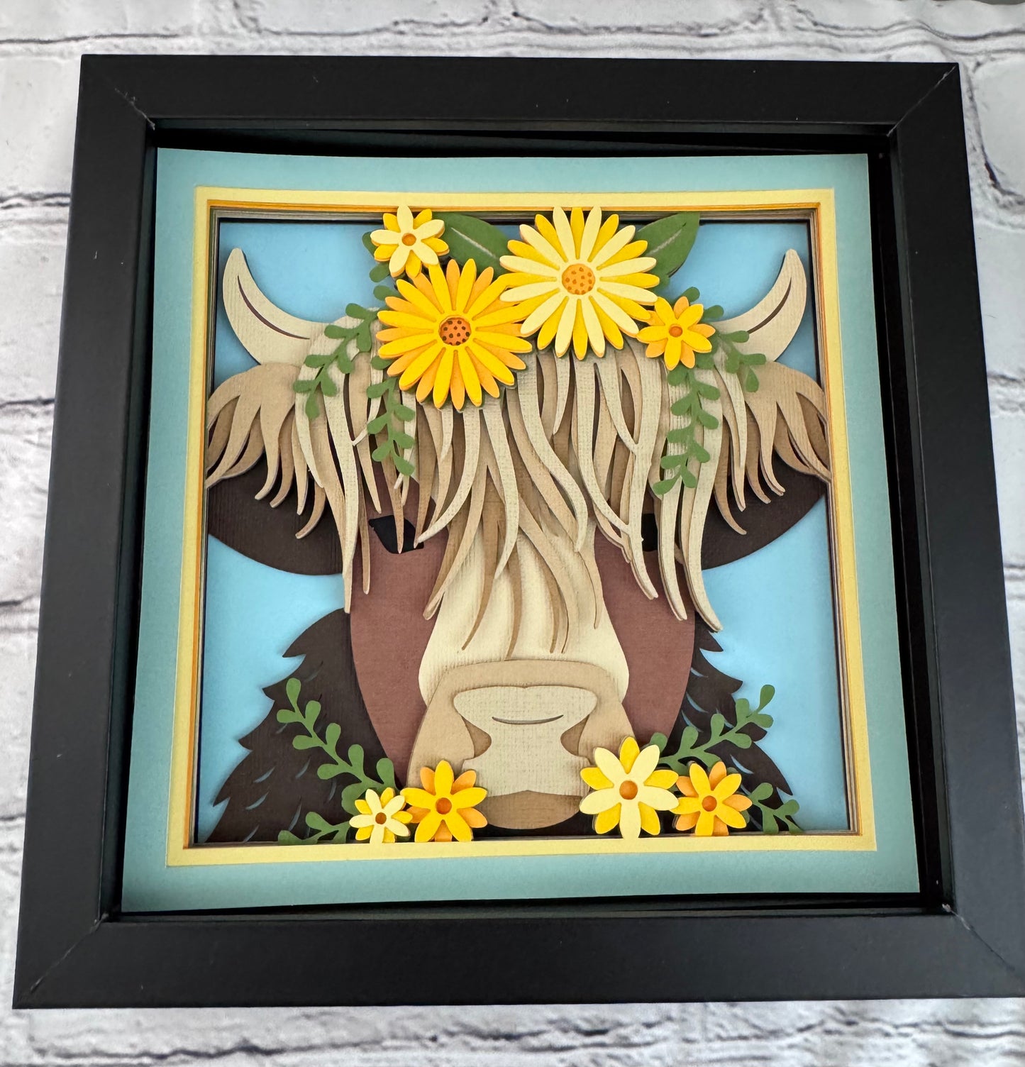 Highland cow close up 3D paper art shadowbox