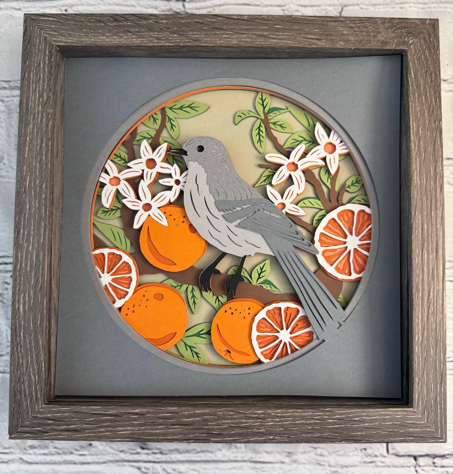 Mockingbird with oranges, Florida state bird 3D paper art in a shadowbox