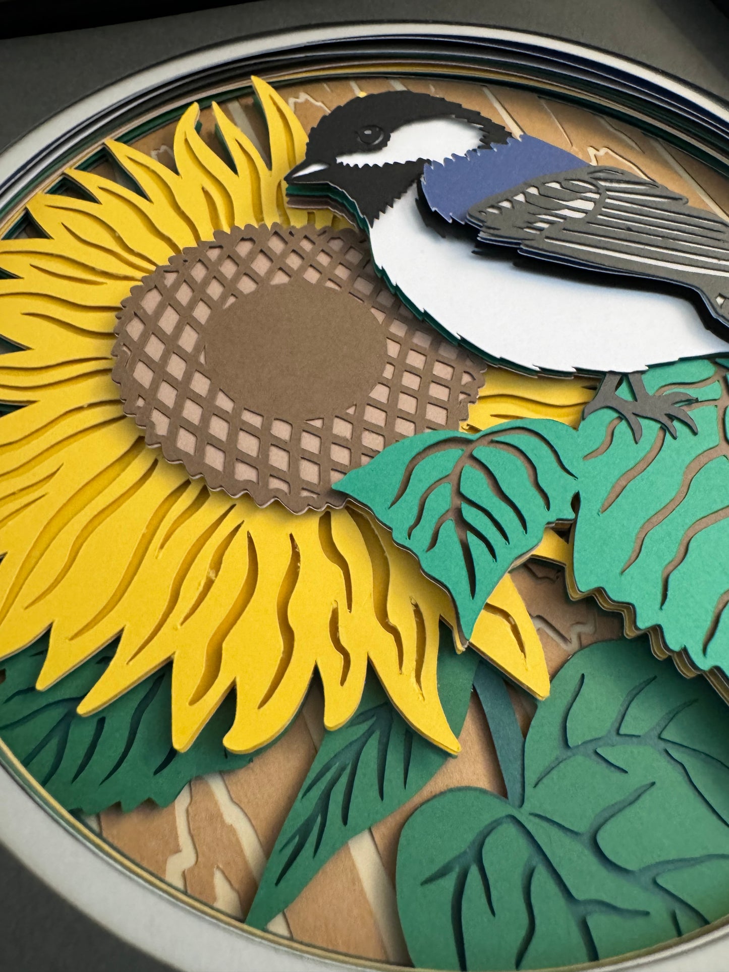 Chickadee on a sunflower 3D paper art in a shadowbox