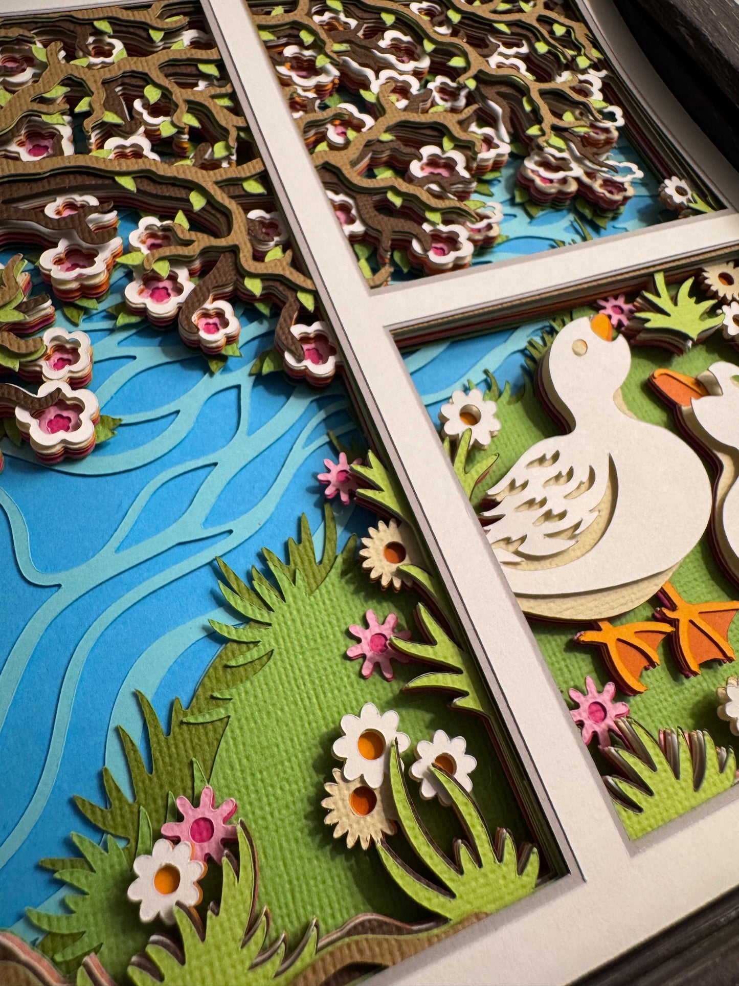 Spring ducks with flowering tree 3D paper art in a shadowbox