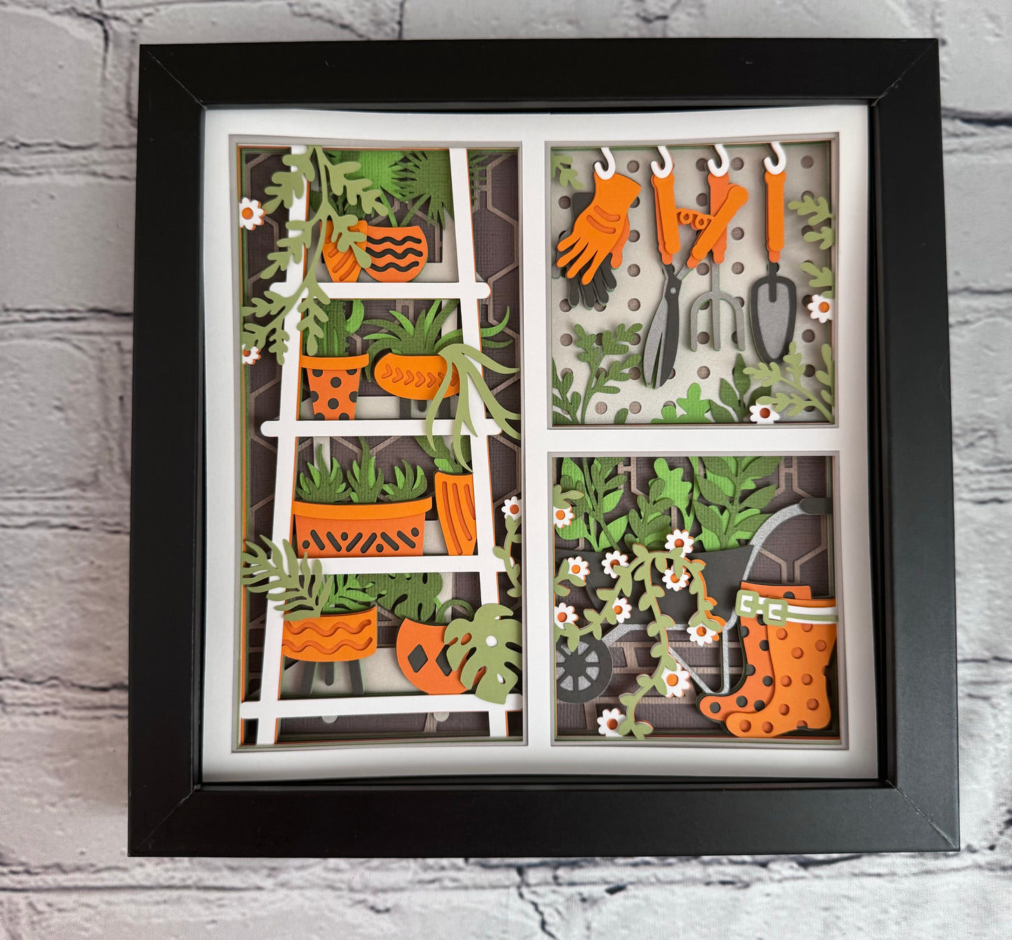 Gardening scene three panel 3D paper art in a shadowbox