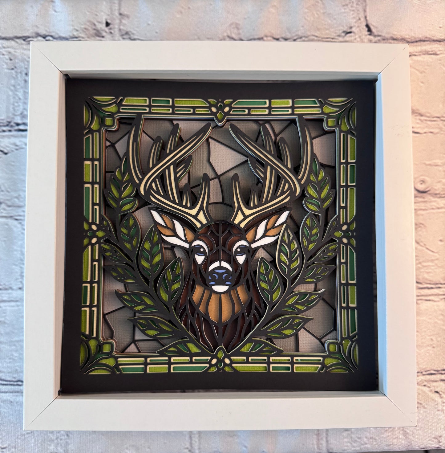 Stained glass buck 3D paper art in a shadowbox