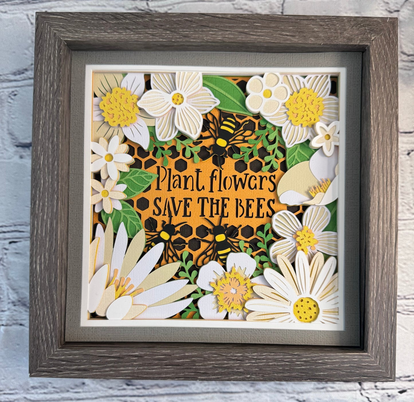 Plant flowers save the bees 3D paper art in a shadowbox