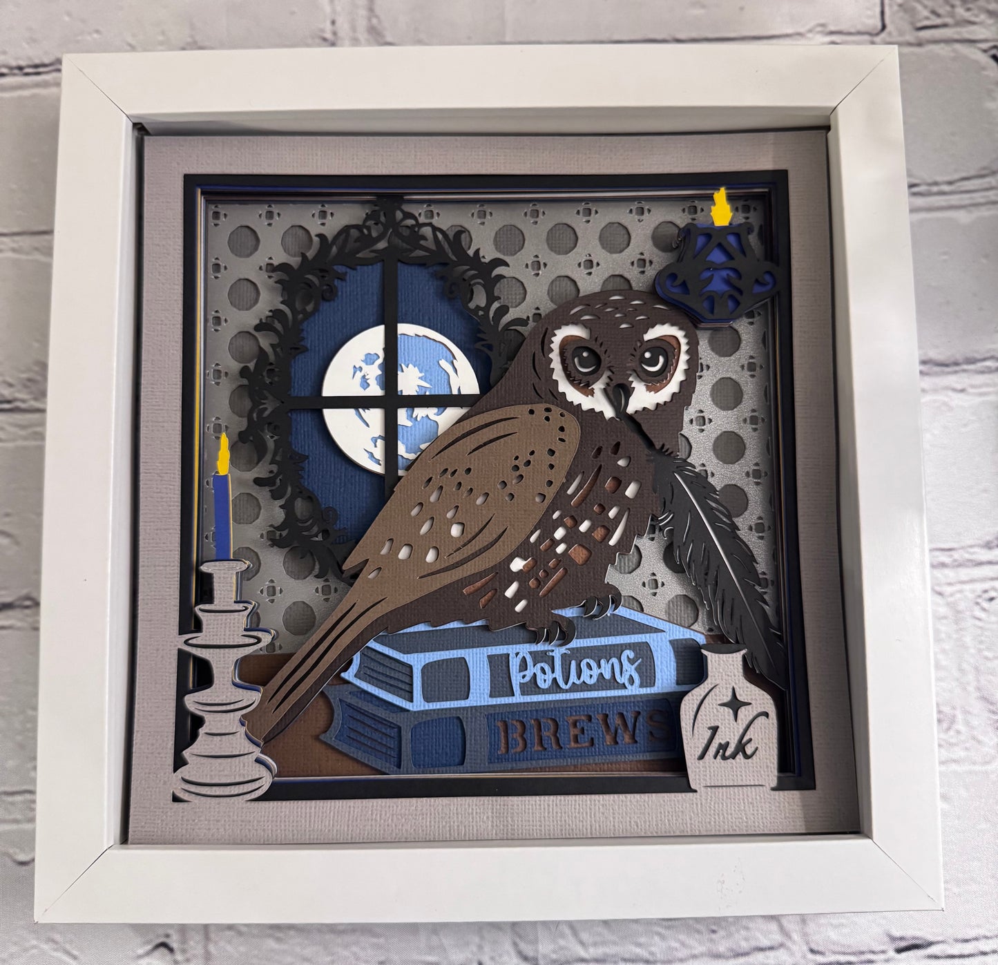 Owl with potions and brew books 3D paper art in a shadowbox
