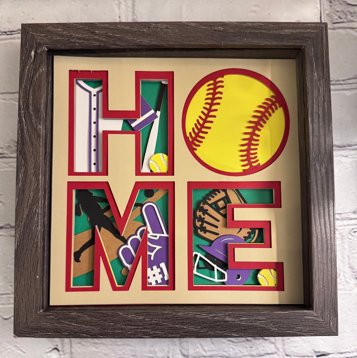 Home- Softball 3D paper art in a shadowbox