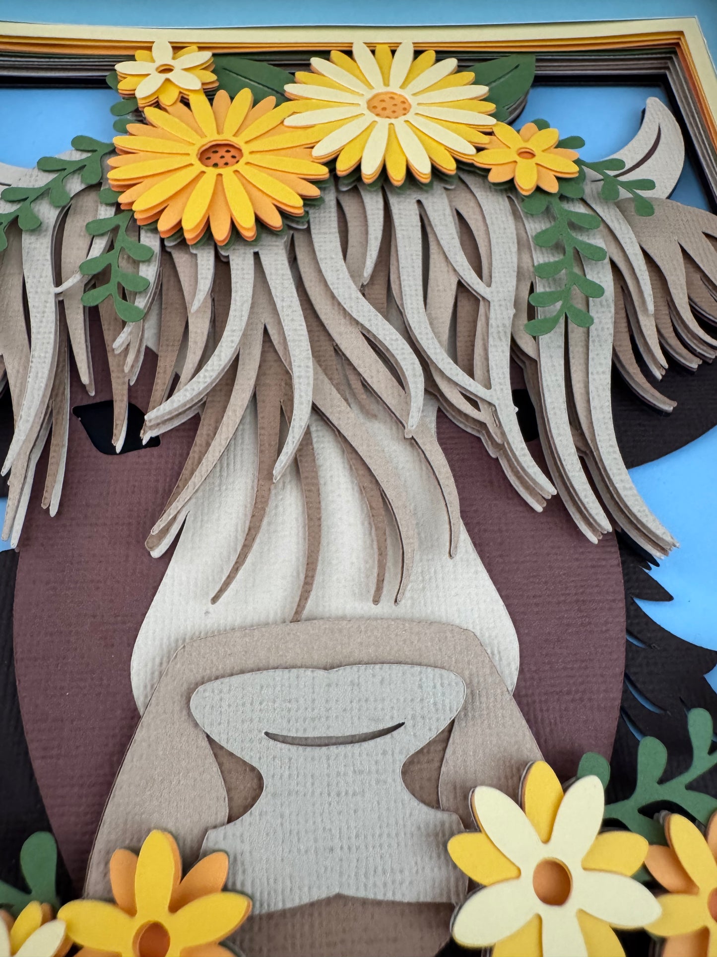 Highland cow close up 3D paper art shadowbox