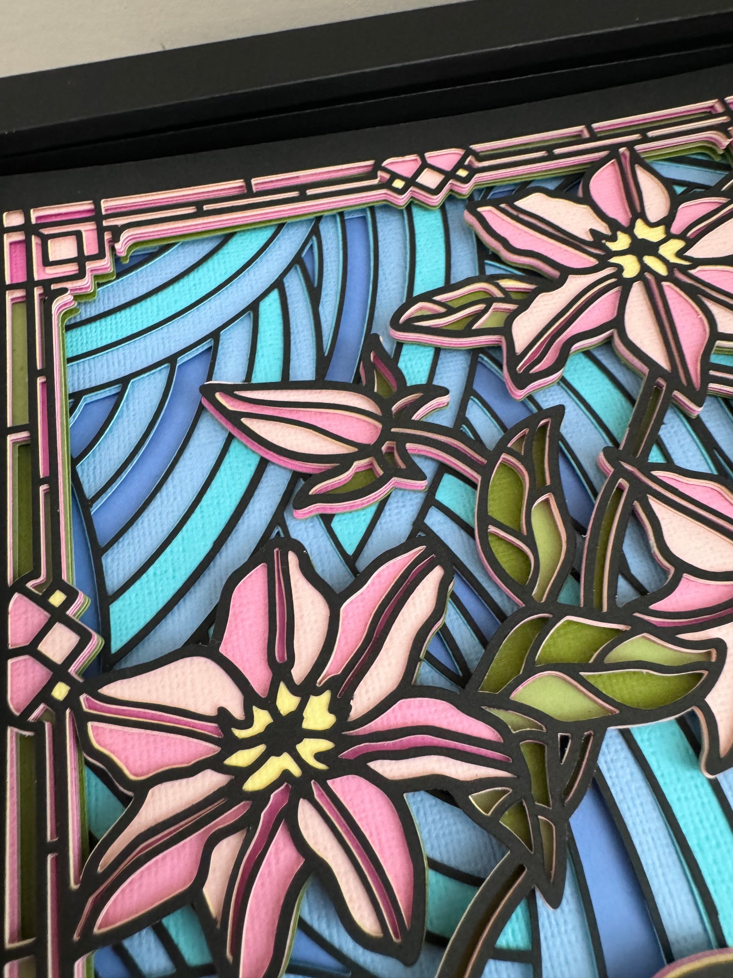 Stained glass pink clematis 3D paper art in a shadowbox