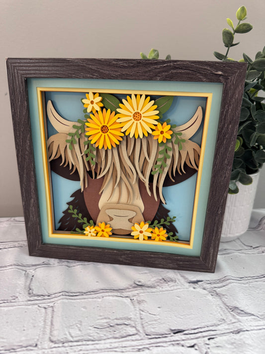 Highland cow close up 3D paper art shadowbox