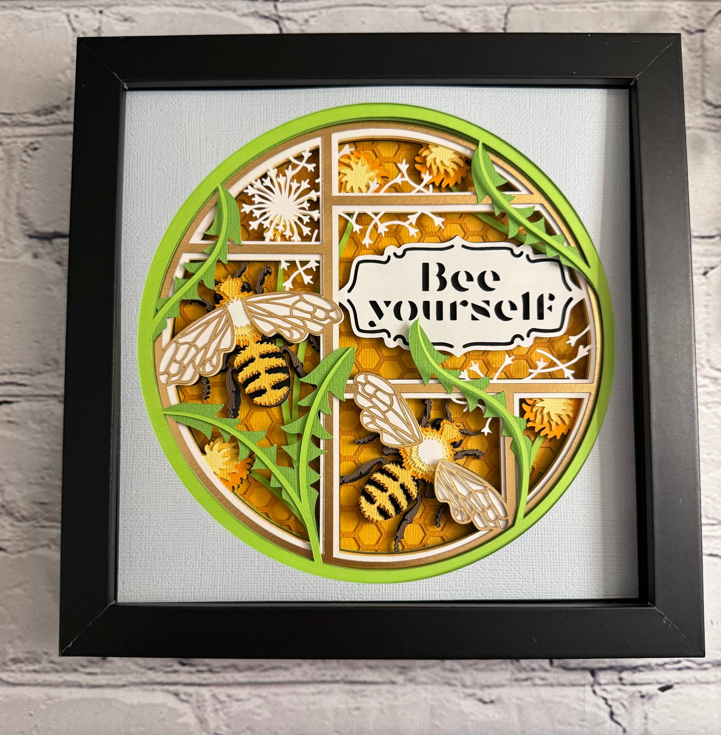 Bee scene bee yourself round version 3D paper art in a shadowbox