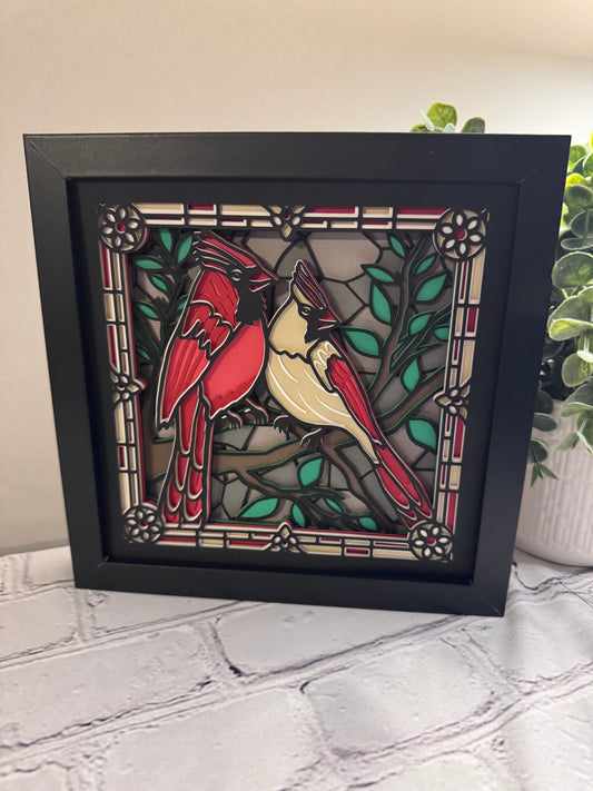 Stained glass cardinals 3D paper art in a shadowbox