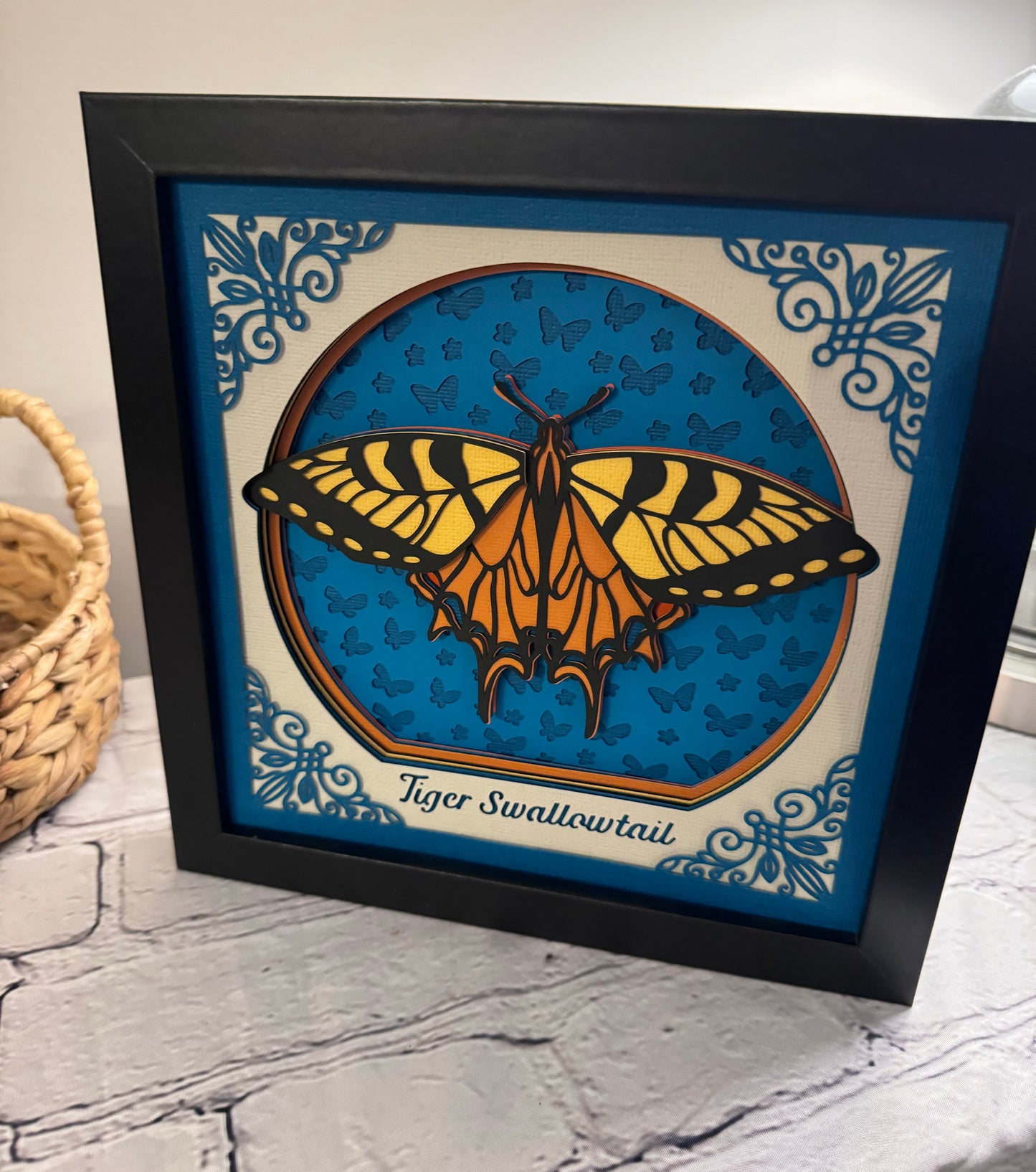 Intricate frame tiger swallowtail butterfly 3D paper art in a shadowbox
