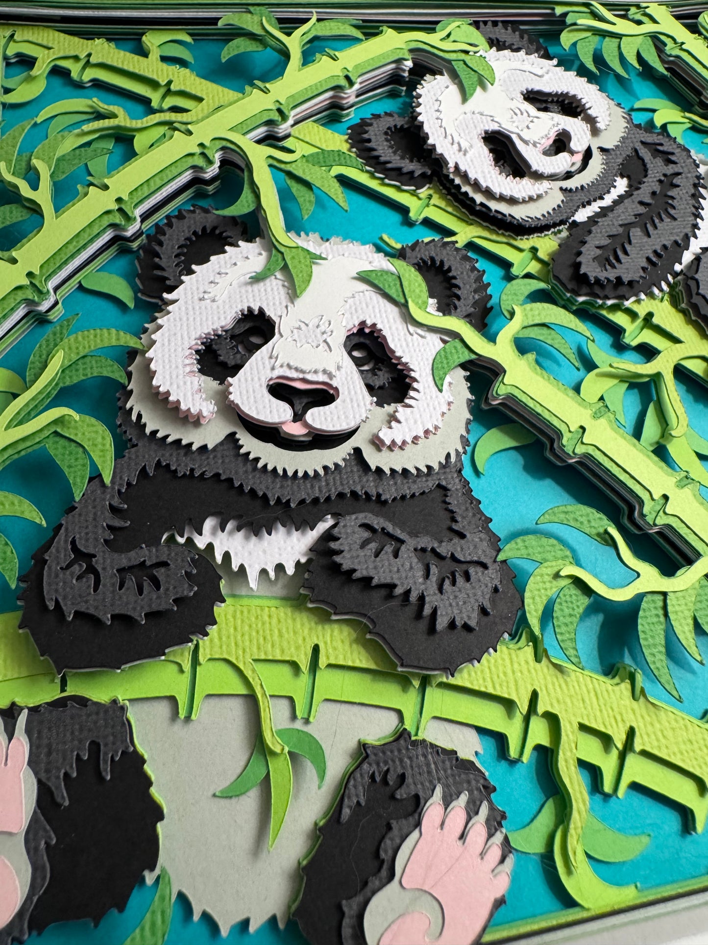 Pandas in bamboo 3D paper art shadowbox