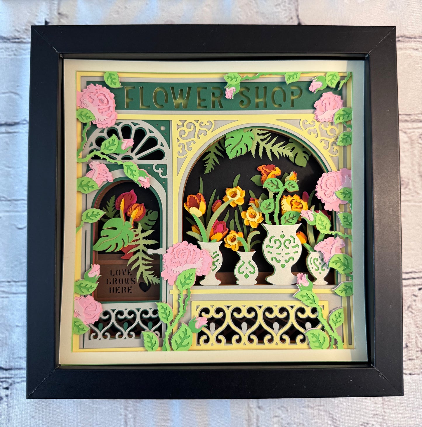 Flower shop 3D paper art in a shadowbox