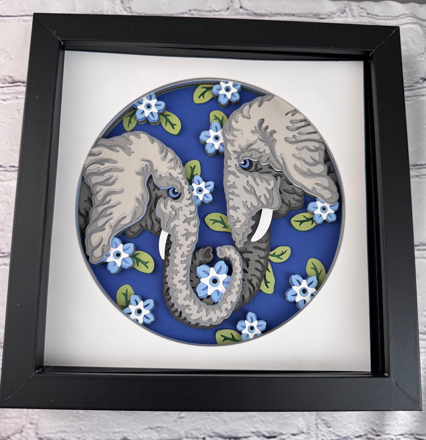 Elephant pair 3D paper art in a shadowbox