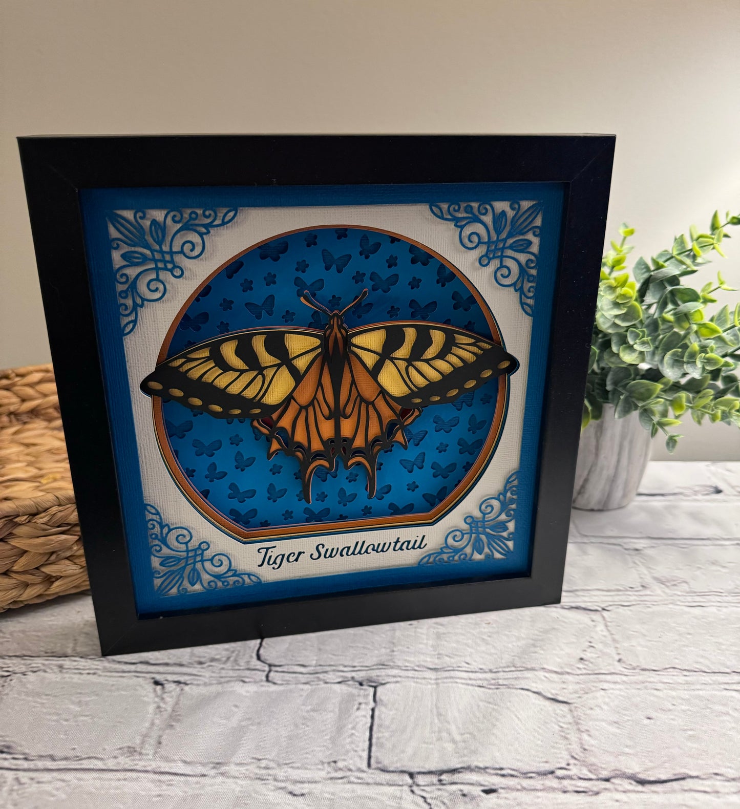 Intricate frame tiger swallowtail butterfly 3D paper art in a shadowbox
