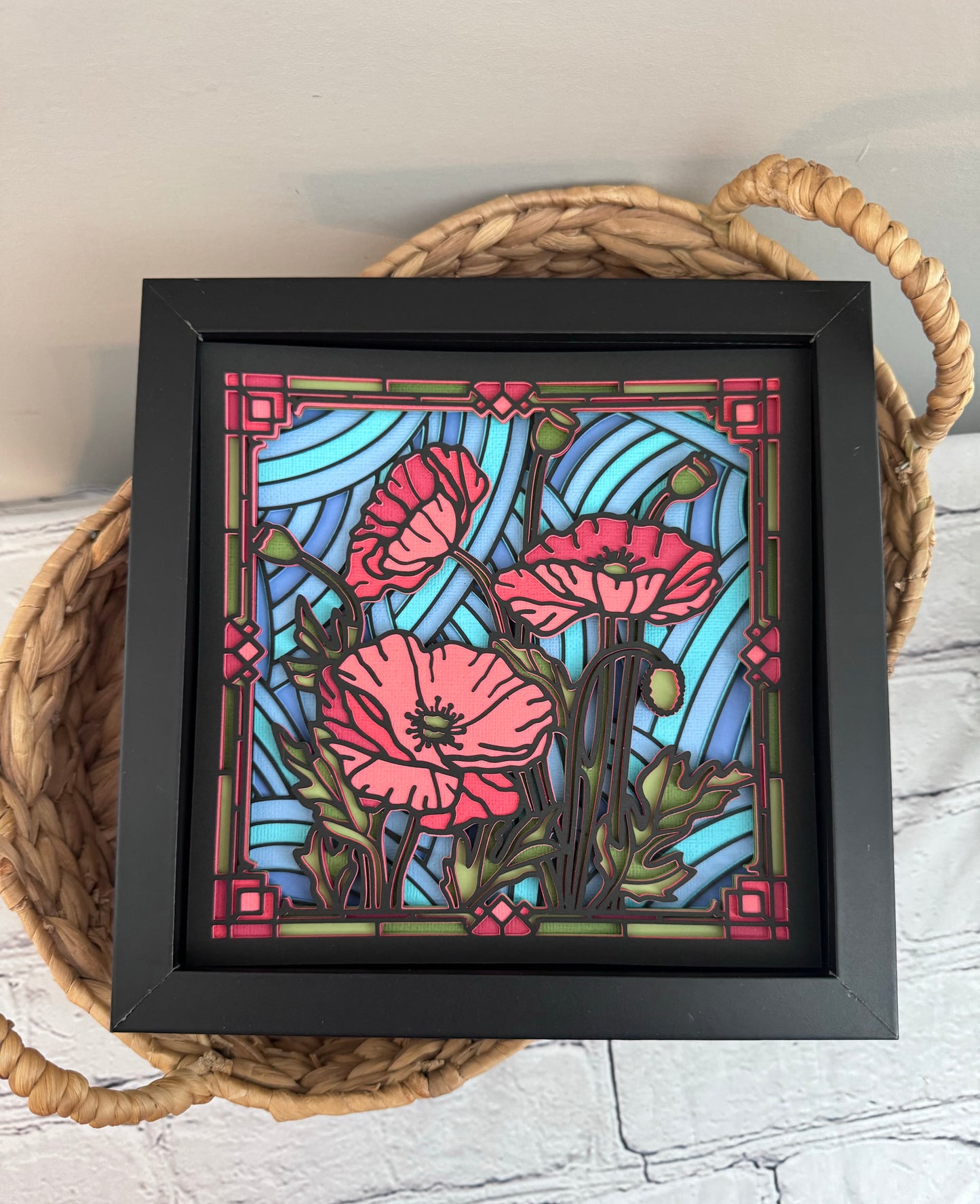 Stained glass poppies 3D paper art in a shadowbox