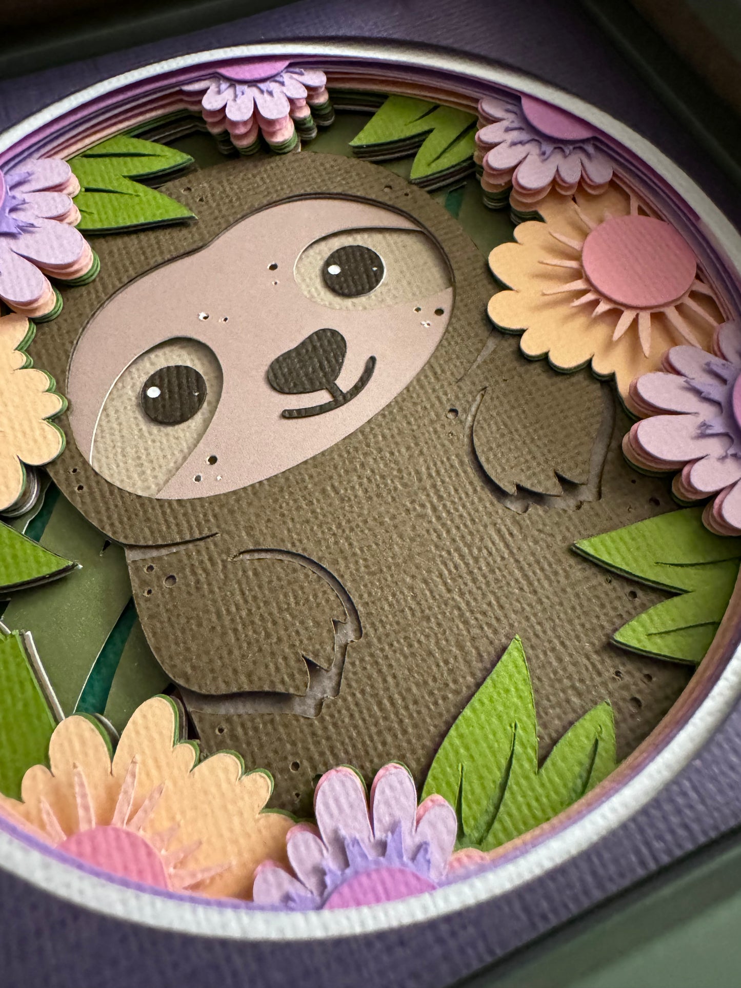 Sloth in flowers mini 3D paper art in a shadowbox
