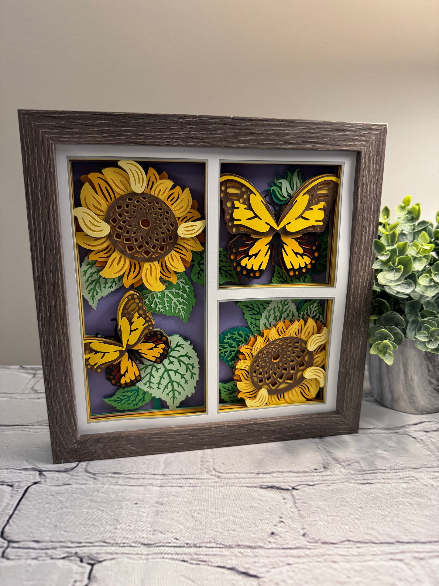 Butterfly 3 panel scene monarch butterfly with sunflowers 3D paper art in a shadowbox