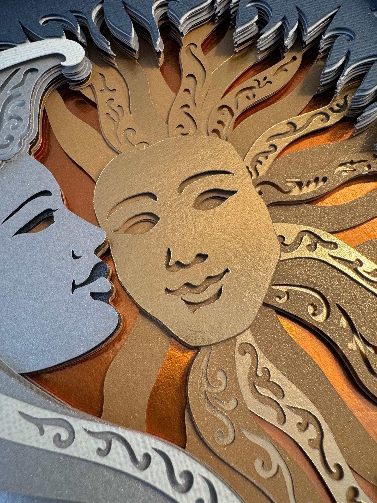 Celestial sun and moon faces3D paper art shadowbox