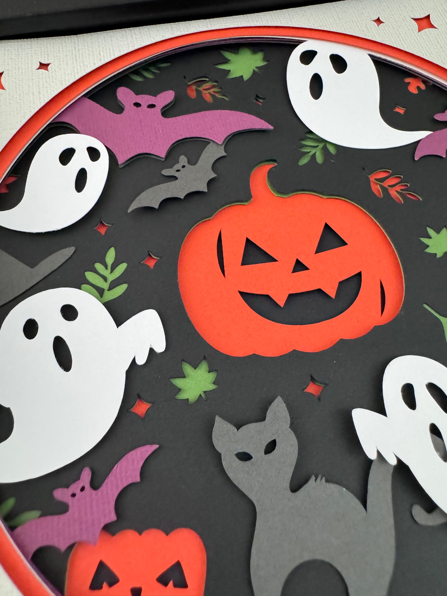 Pumpkin, ghost and bats design 3D paper art in a shadowbox