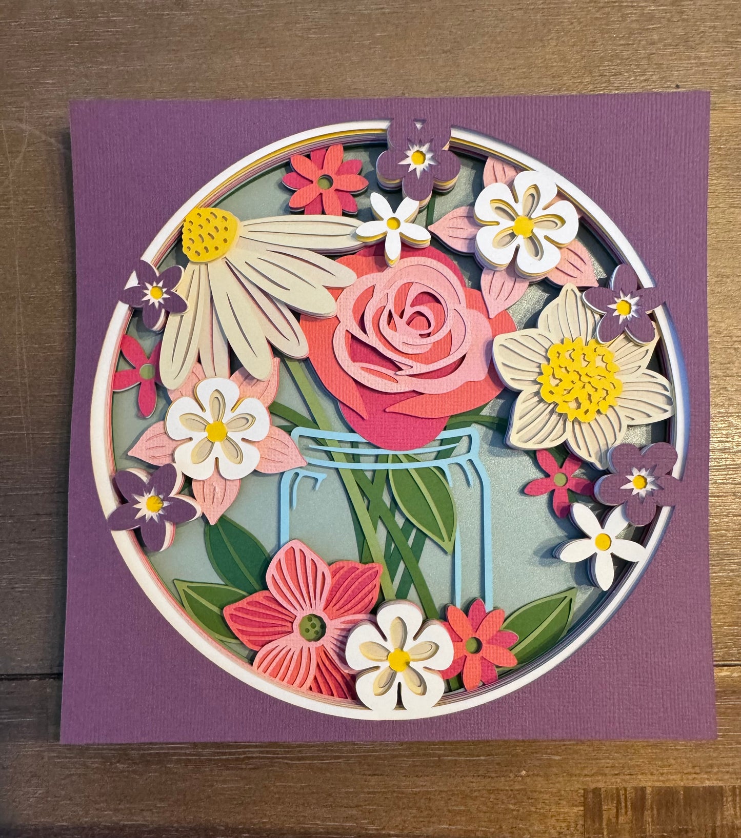 Flower bouquet in glass jar 3D paper art in a shadowbox