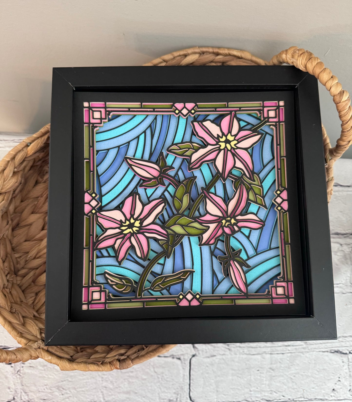 Stained glass pink clematis 3D paper art in a shadowbox
