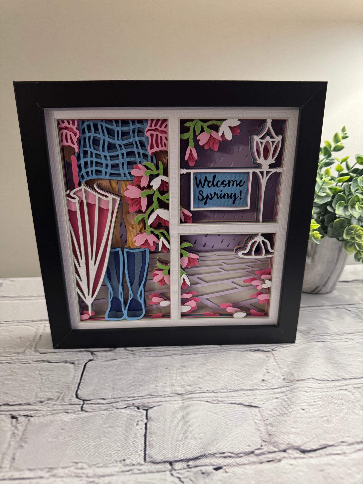 Spring girl with umbrella 3D paper art in a shadowbox
