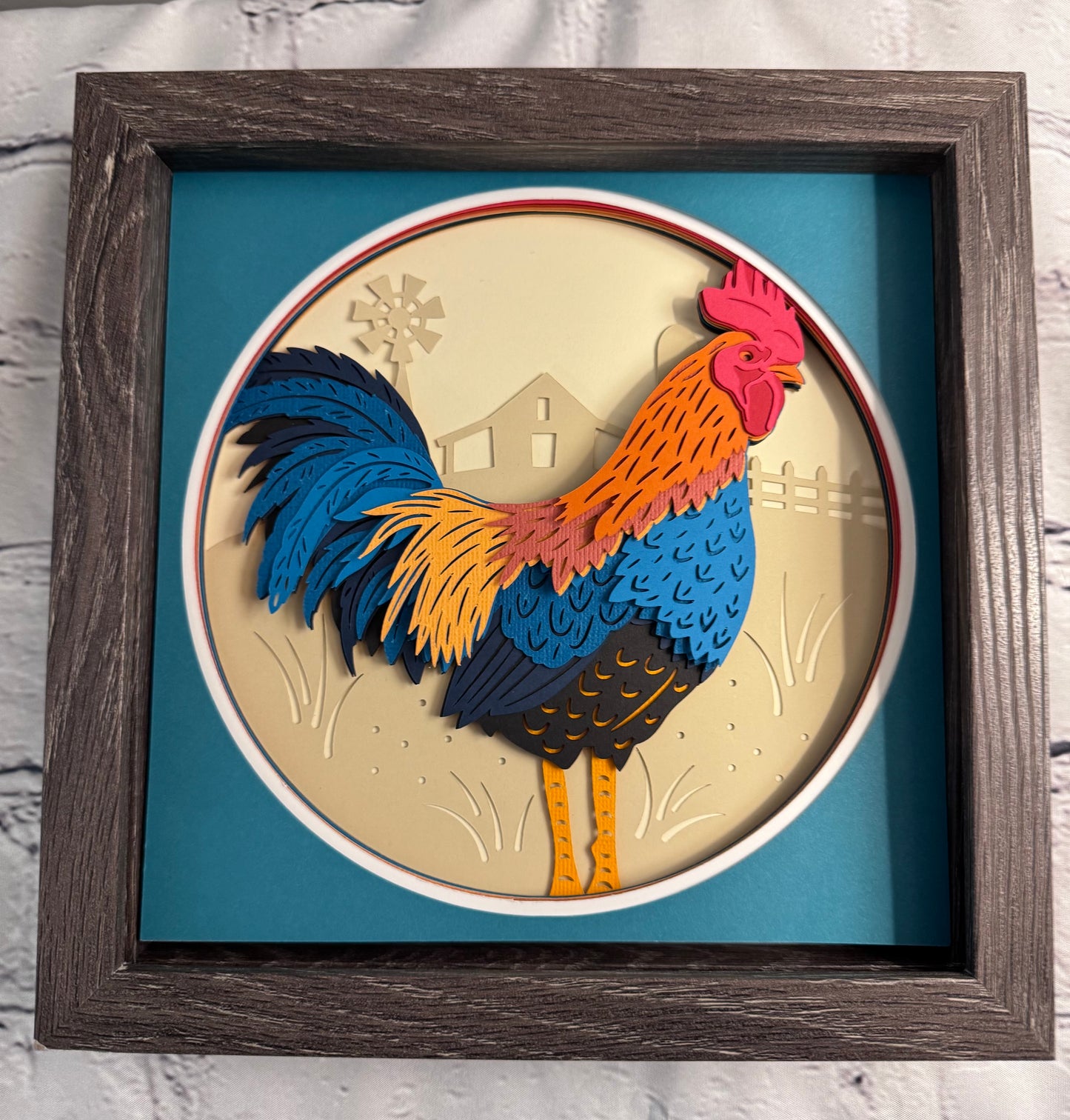 Rooster 3D paper art in a shadowbox