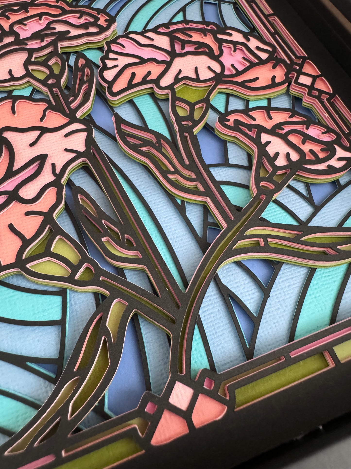 Stained glass pink carnations 3D paper art in a shadowbox