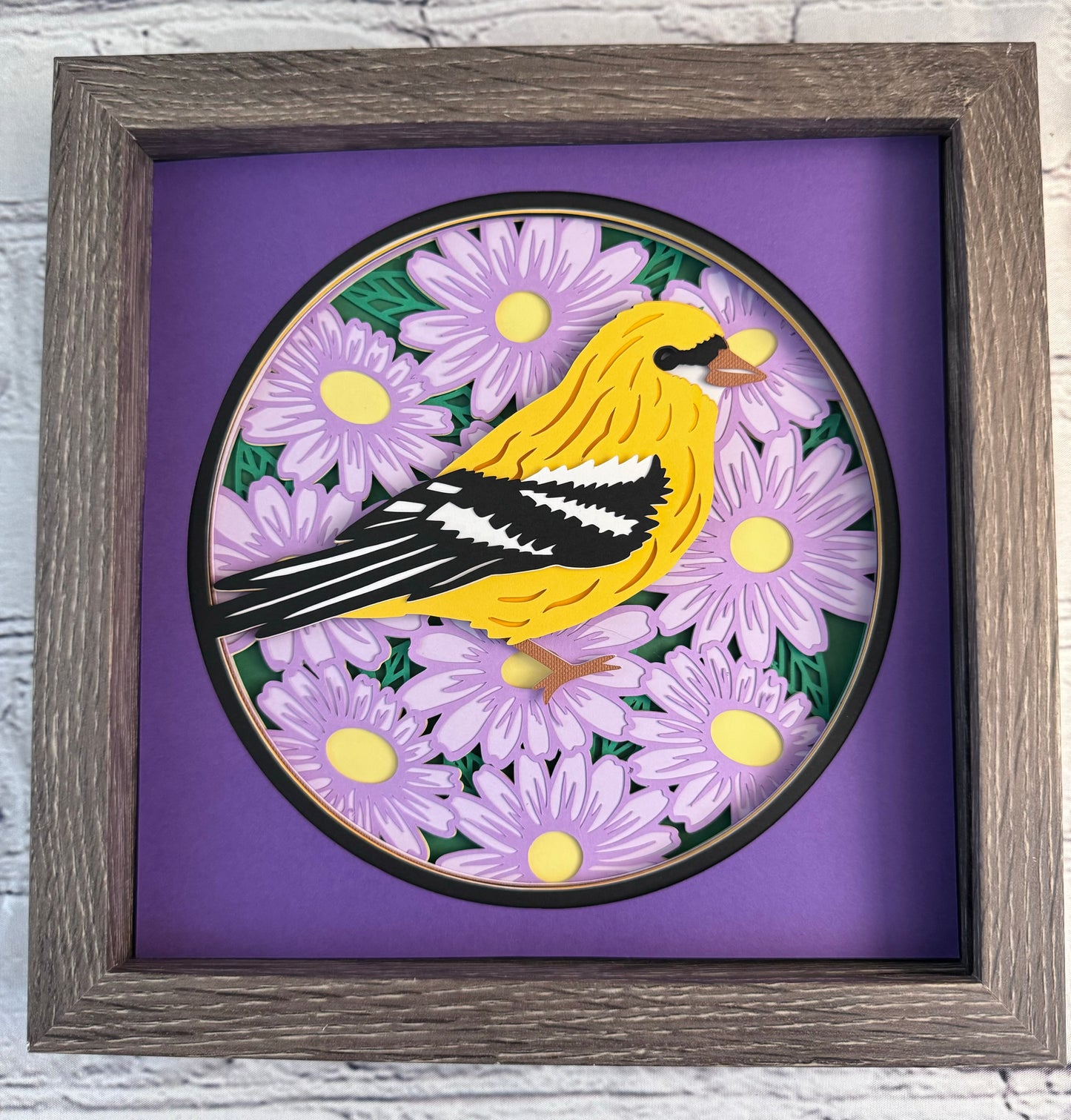 Goldfinch on purple flowers 3D paper art in a shadowbox